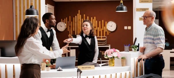 Tourist woman receiving identification documents from concierge after confirmation of reservation. Elderly couple wait at the hotel reception counter where the kind staff assists them with check-in.