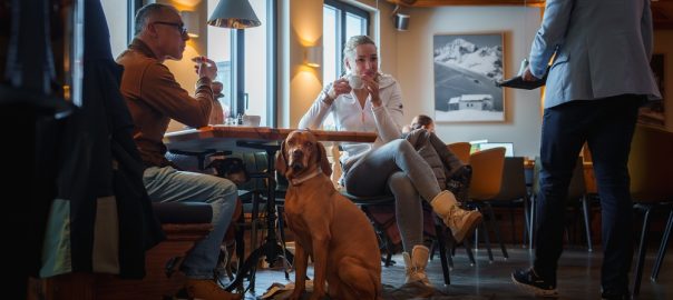 Zermatt, Switzerland. March 1, 2024. Cozy scene in luxury hotel, Zermatt. Guests enjoying drinks in lounge, dog by woman. Staff member serves. Modern, alpine design. Luxe ski resort vibe.