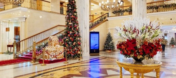New Year's decoration of the large foyer of holiday-themed hotel.