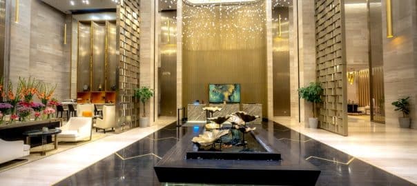 5-star Meliá Vinpearl Thanh Hoa Hotel, Vietnam - February 18, 2024: See the interior of the reception lobby of 5-star Meliá Vinpearl Thanh Hoa Hotel, Thanh Hoa City, Vietnam