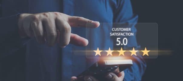 User gives rating to service experience on online application, Customer review satisfaction feedback survey concept, Customer can evaluate quality of service leading to reputation ranking of business.