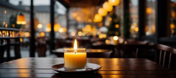Lit up candle at an outdoor table of a restaurant in winter, cosy atmosphere, selective focus, bokeh. Wintertime, cozy ambiance, selective focus, bokeh, candlelit dining at an outside restaurant table.