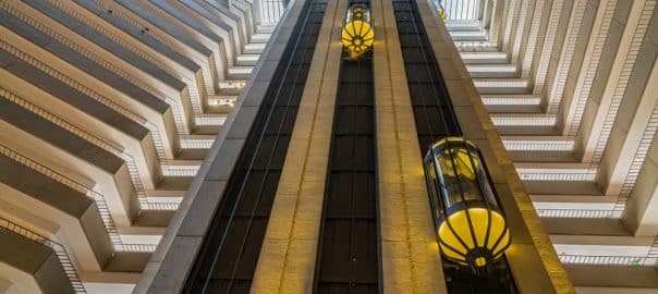 San Francisco, CA - November 15, 2023: Interior glass elevators in the Hyatt Regency Hotel in the Embarcadero waterfront in San Francisco.