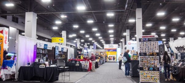 Las Vegas, NV, USA 1-18-2024: Scenes from PPAI Expo. Many booths line up advertising their promotional products. PPAI Expo is the largest promotional products trade show in North America.
