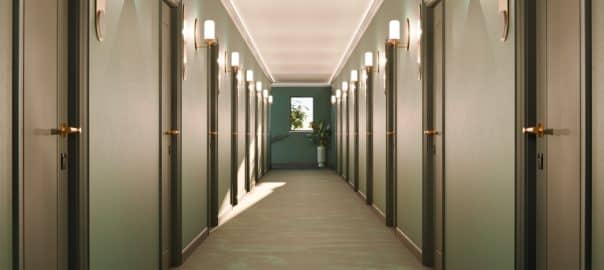 Hotel Corridor in Green and Gold Tones