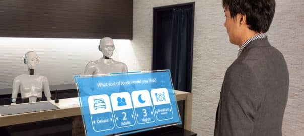 Smart hotel in hospitality industry 4.0 concept, the receptionist robot (robot assistant ) in lobby of hotel or airports always welcome customer the service is including room, information provision.