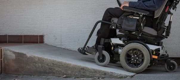 Ramp for disabled persons on wheelchair at building entrance.