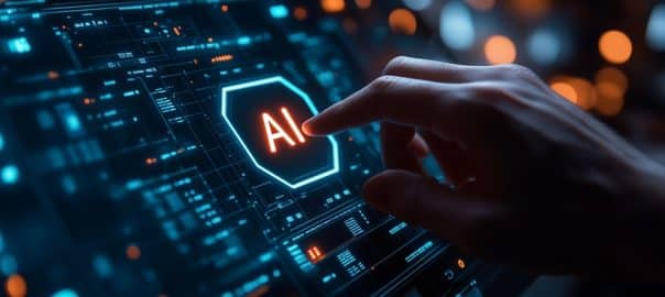 Artificial Intelligence and imagine how it works with icons of people, data science, and machine learning in the background.