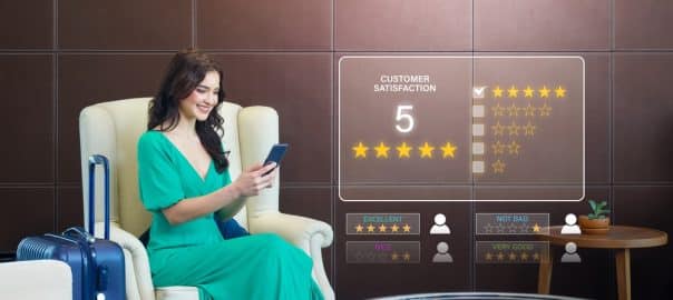 Tourist give rating to service experience on mobilephone, evaluate quality of service leading to reputation ranking of hotel business. Customer review satisfaction feedback survey concept.
