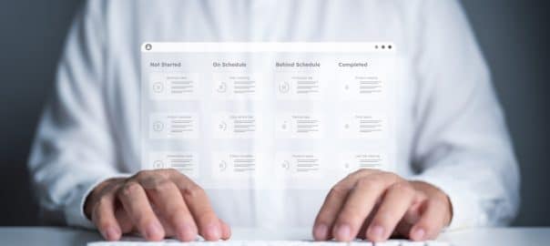 Planner program or task handle application. Businessman or project manager use laptop with work follow up boards on virtual interface screen. Process, workflow, due date, or task list management tool.