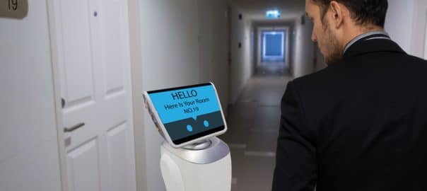 robot in hotel concept, robotic butler help the customer to the room that booking, put the object, food, accessories inside it.
