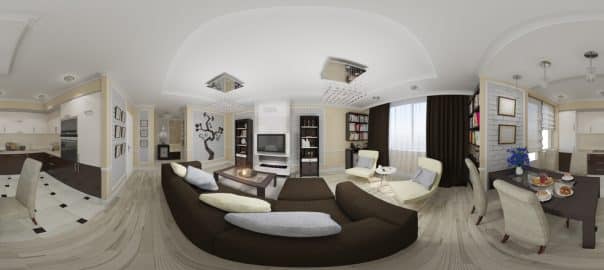 3d illustration spherical 360 degrees, seamless panorama of living room and kitchen interior design..